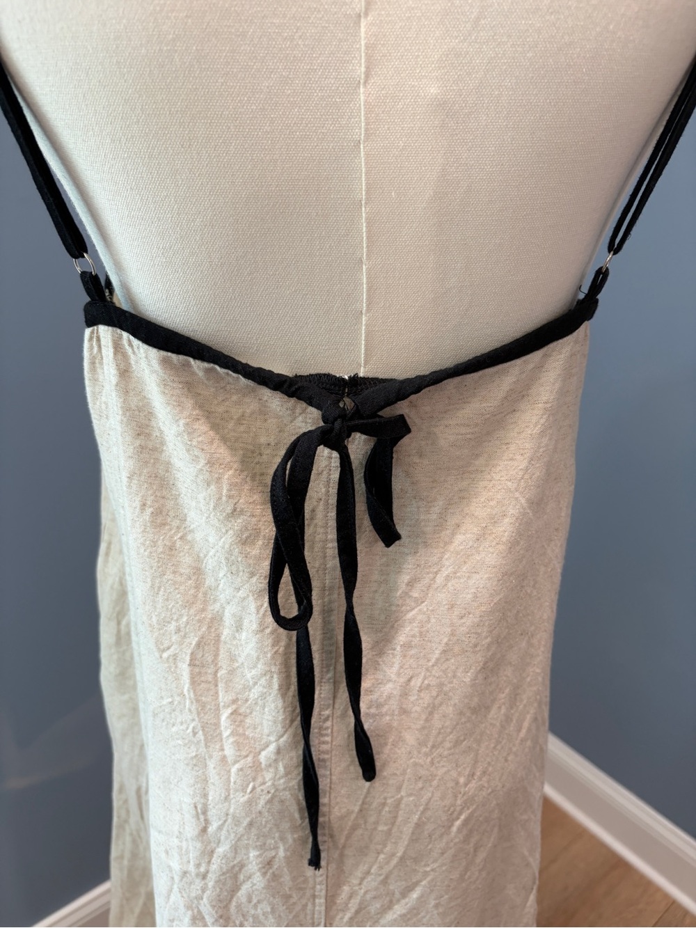 Senllen 100% Linen Maxi Dress Small Oatmeal Black Trim Coastal Minimalist - Picture 6 of 9